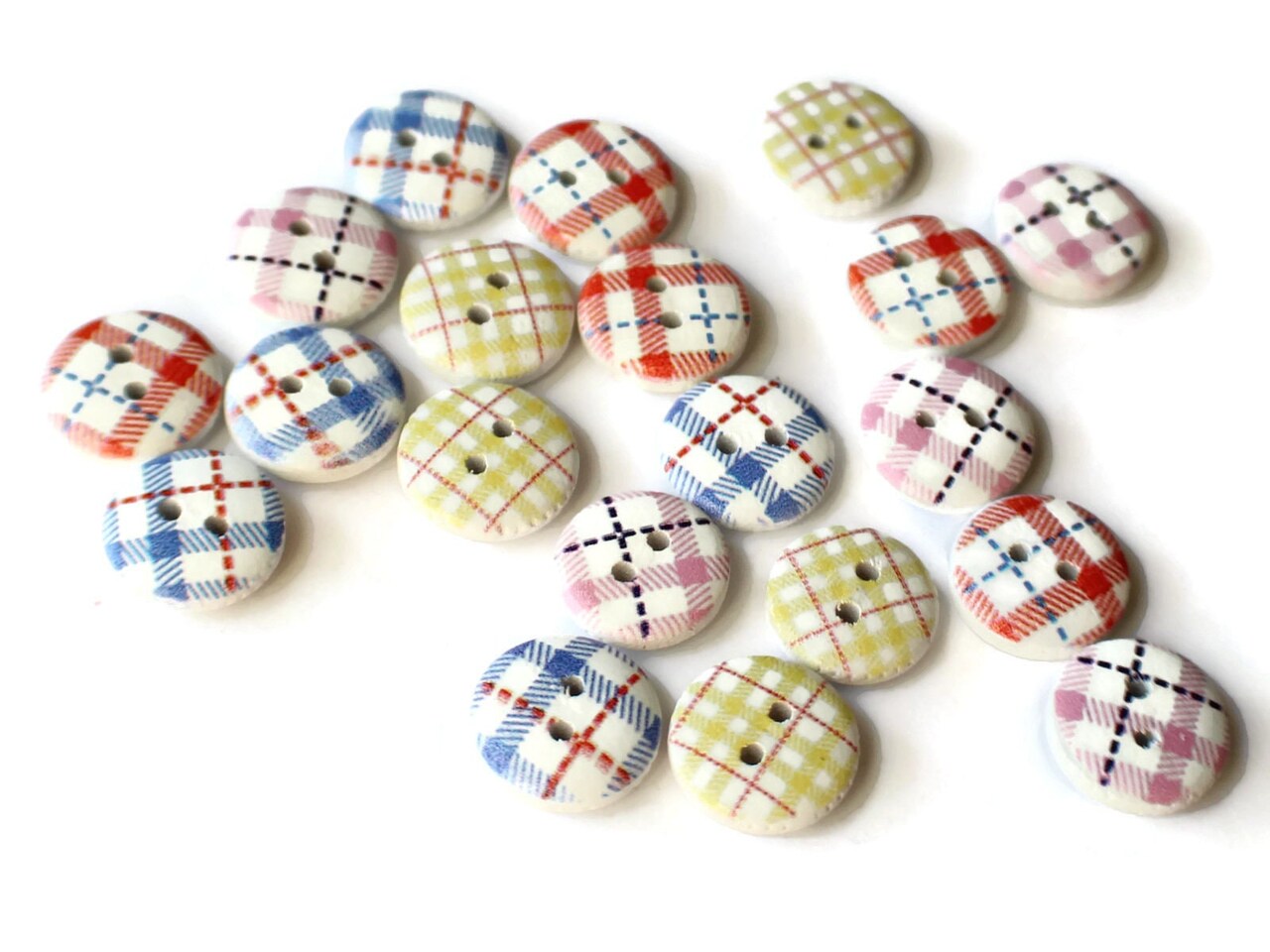 20 13mm Two Hole Assorted Color Tartan Plaid Buttons Round Wooden Mixed Color Buttons